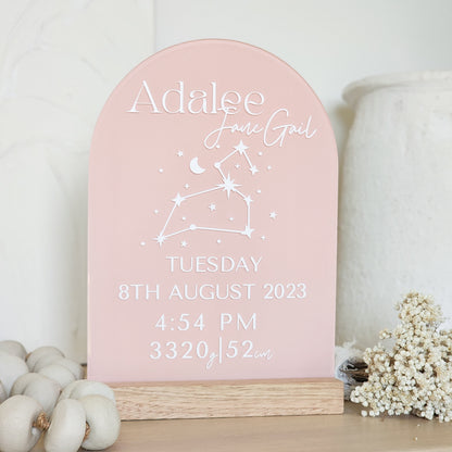 'All About Me' Arch ~ Acrylic Birth Stats + Star sign Plaque