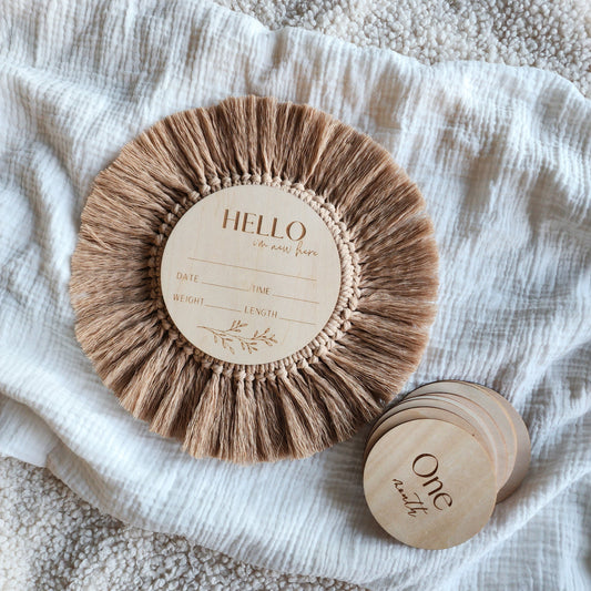 Boho Baby | Wooden Milestone & Fringed Birth Announcement Disc Set - Months & 'Hello, I'm New Here'