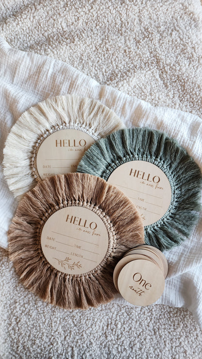 Boho Baby | Wooden Fringed Birth Announcement Disc - 'Hello, I'm New Here'